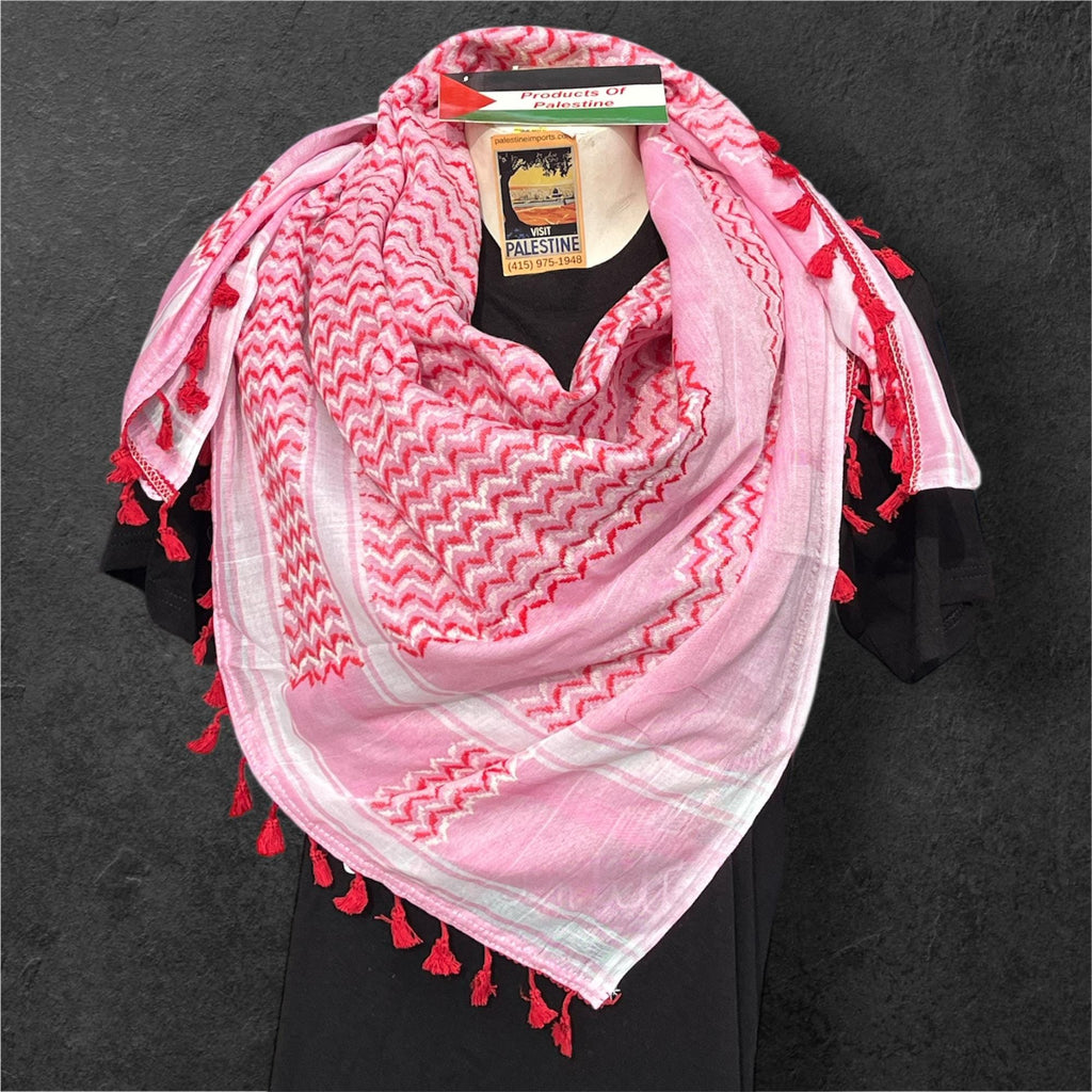 Authentic Palestine Made keffiyeh Scarf: multicolor on pink with red Woven Tessels