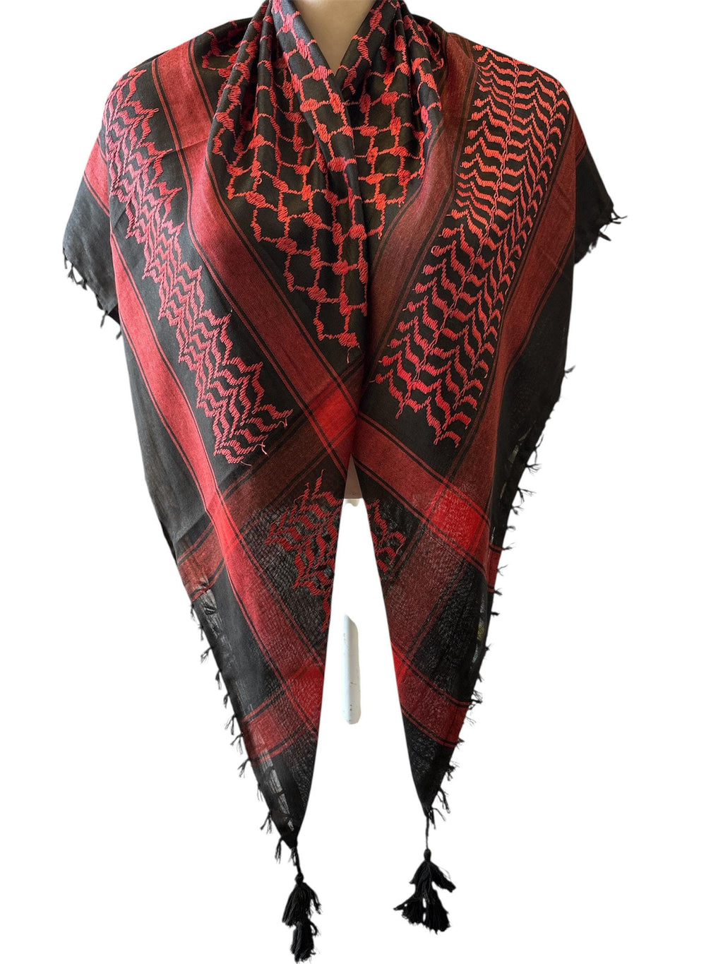 Woven Palestinian Kufiya Red on Black with 4 sides Tassels (48"x48")