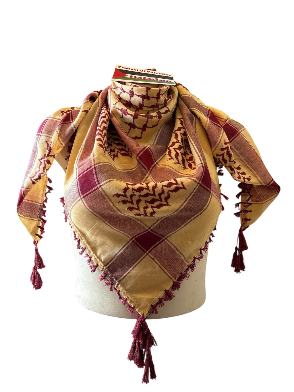 Woven keffiyeh Burgundy on Mustard Yellow with 4 sides Tassels - 48"x48"