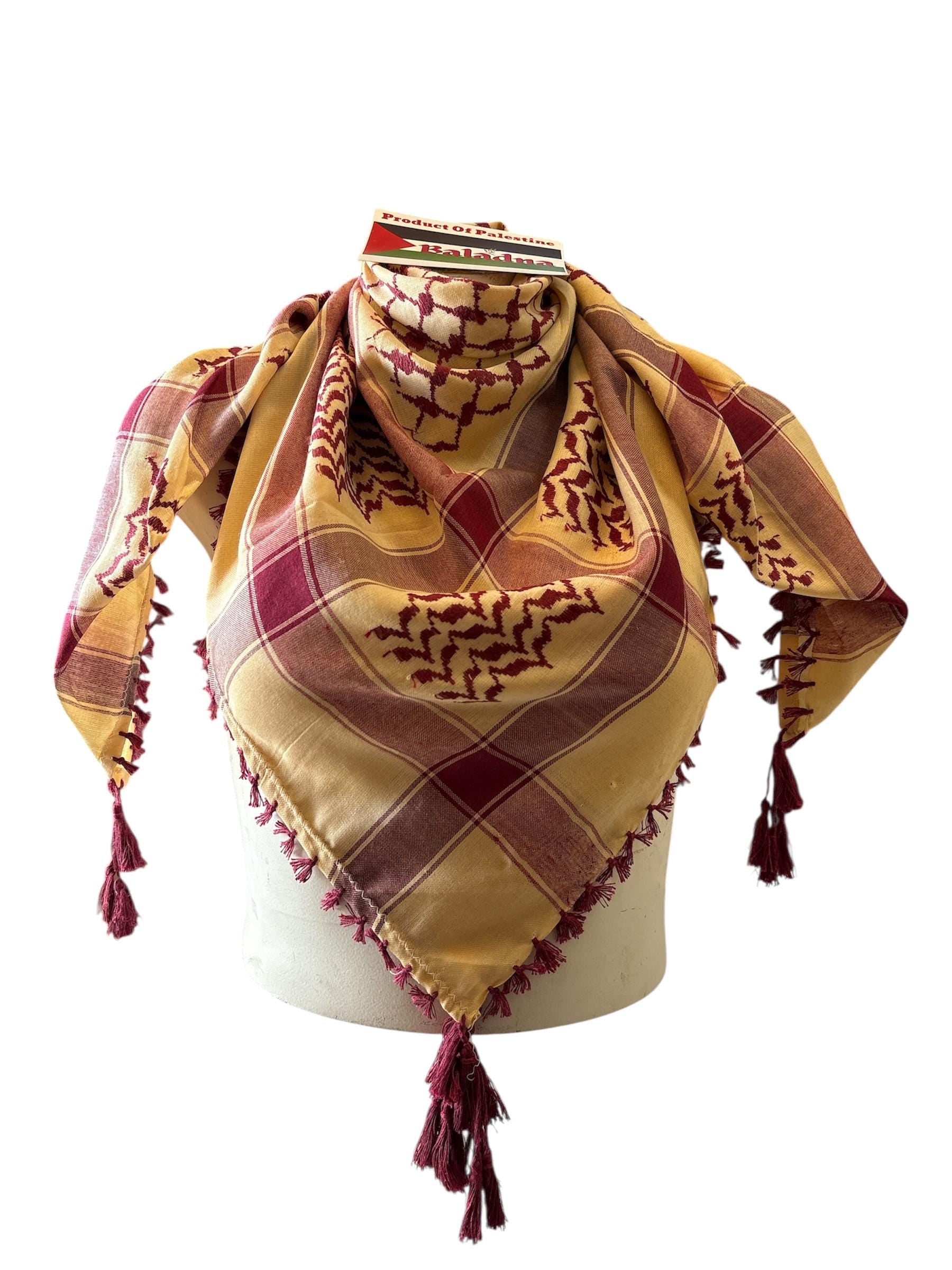 Woven keffiyeh Burgundy on Mustard Yellow with 4 sides Tassels - 48"x48"