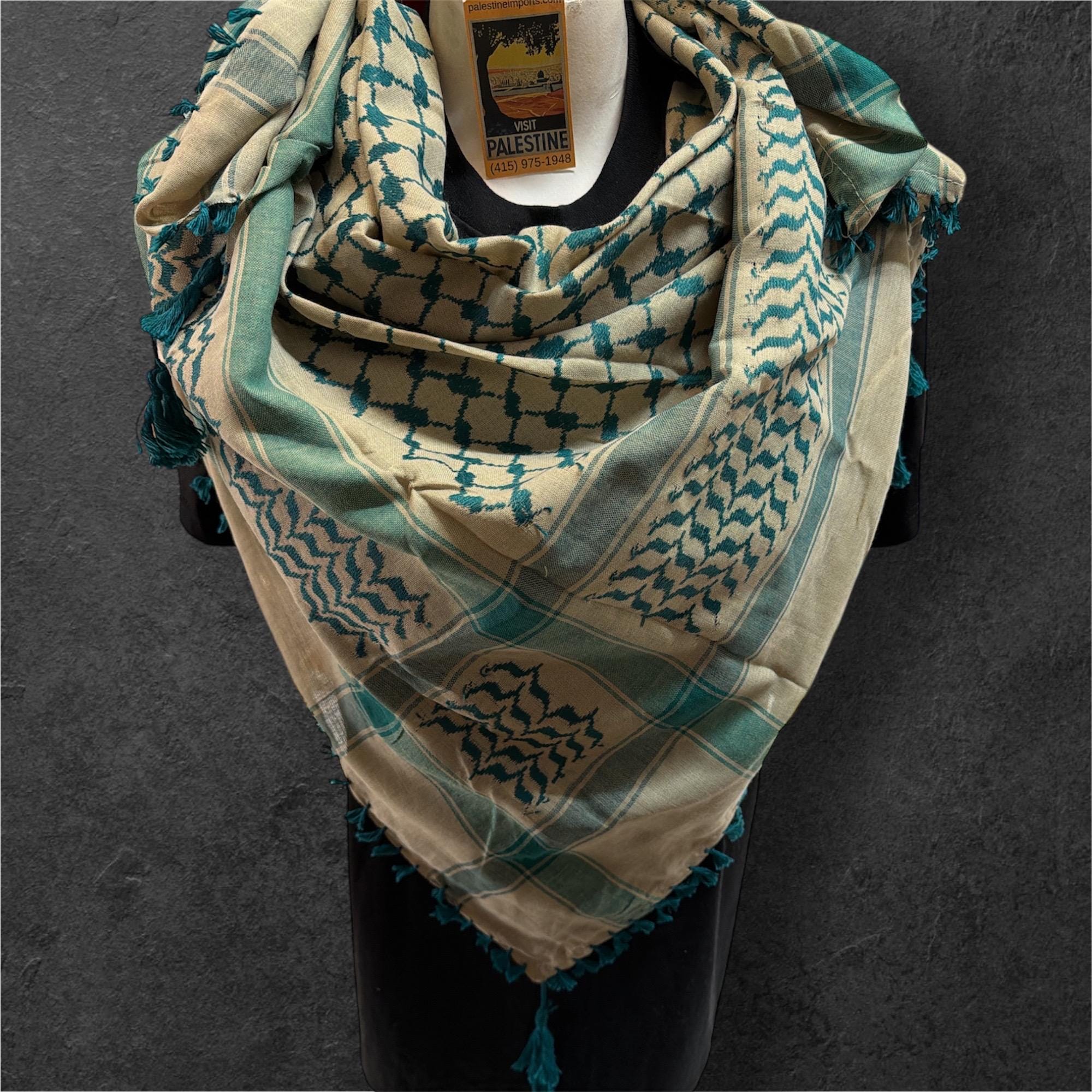 Woven Kufiya jade green on beige with 4 sides Tassels - 48"x48"