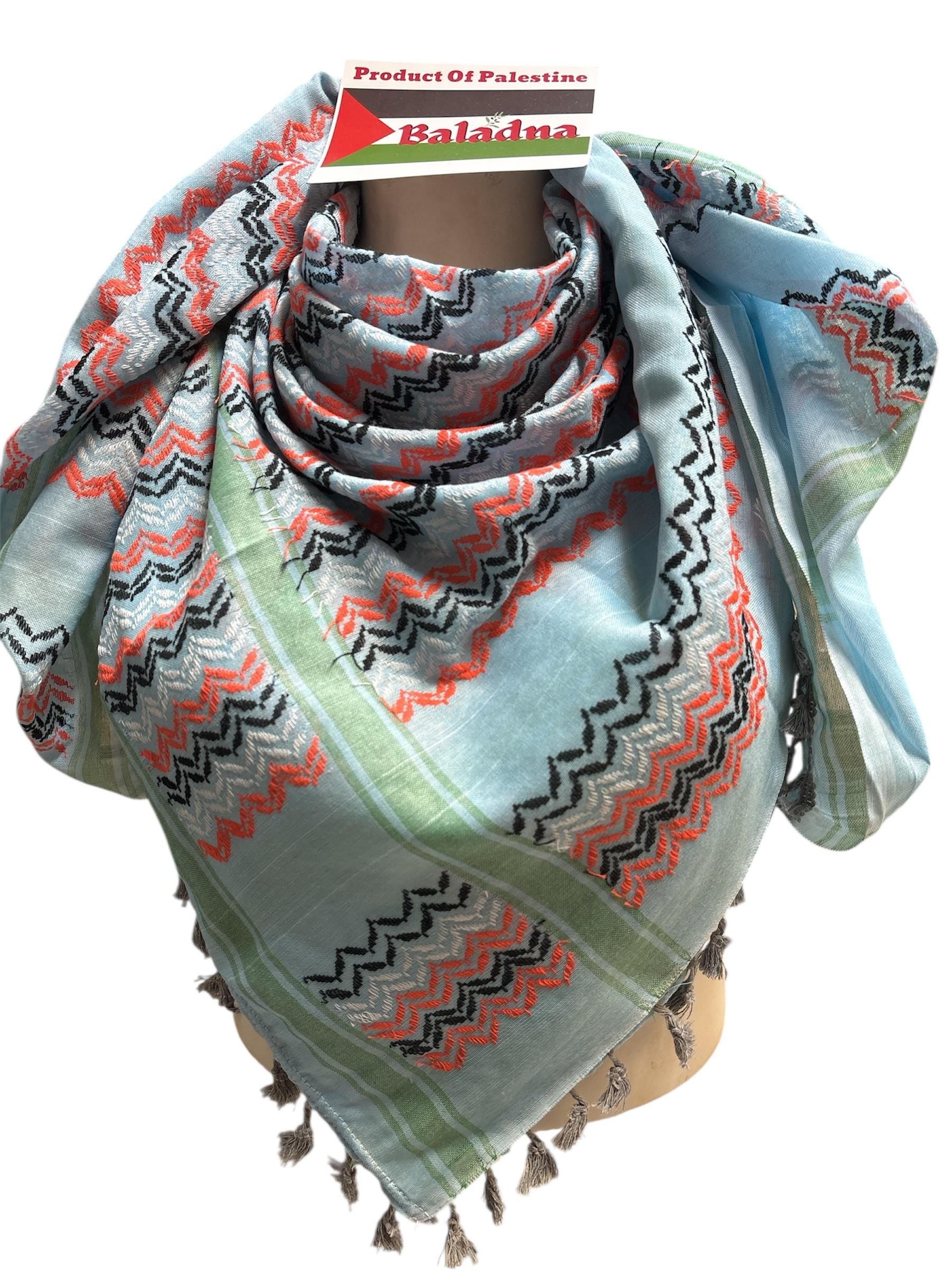 Authentic Palestine Made keffiyeh Scarf: multicolor on light blue