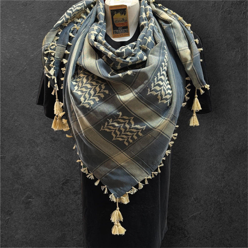 Woven Kufiya tan on grey with 4 sides Tan Tassels (48”x48”)