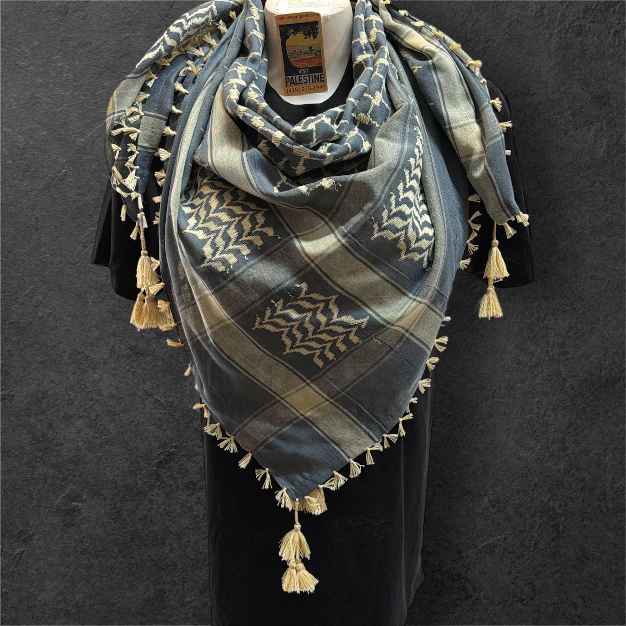 Woven Kufiya tan on grey with 4 sides Tan Tassels (48”x48”)