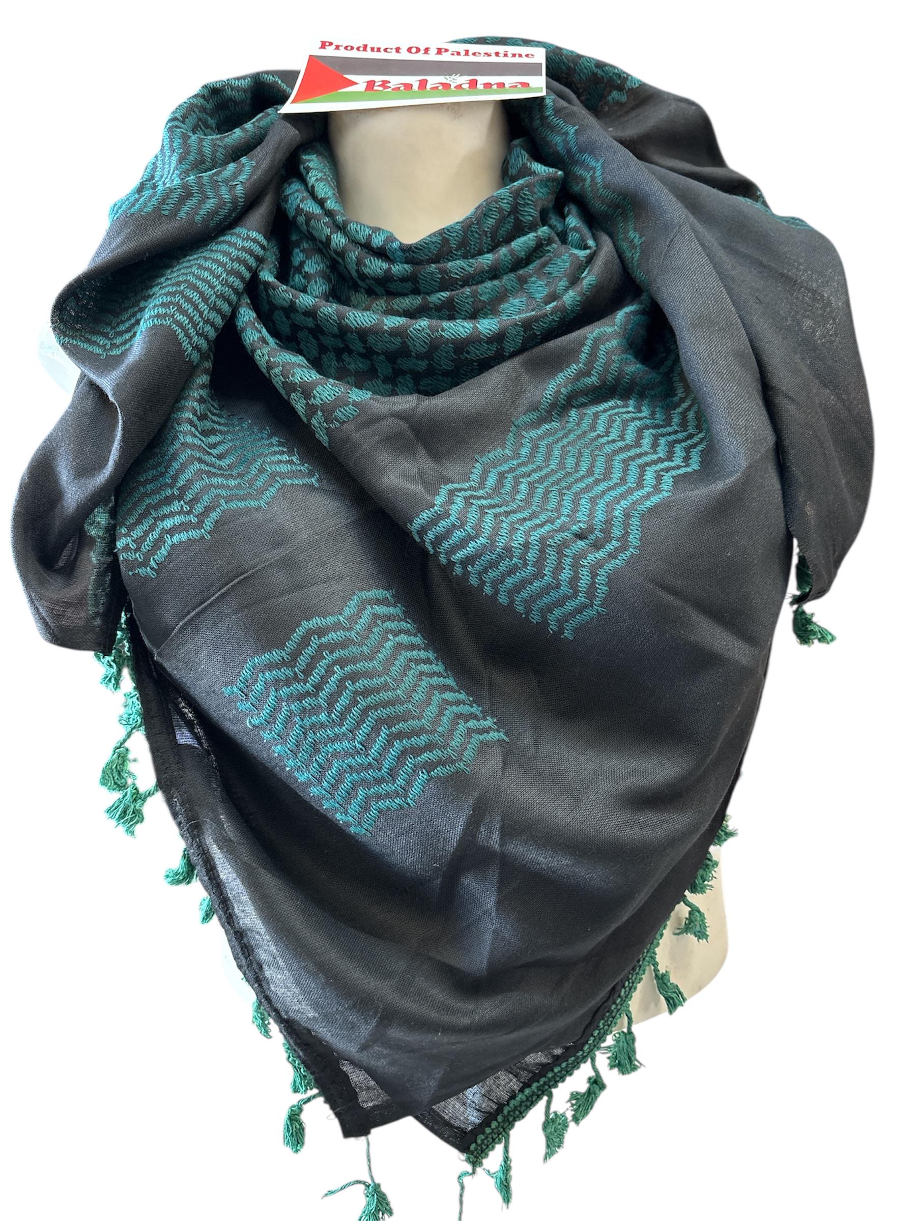 Palestine Made keffiyeh Scarf: Authentic Hebron Woven, sea green on black with Green Tassels