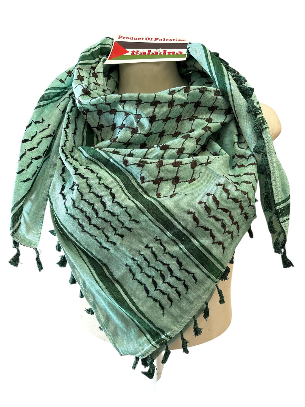 Palestine Made keffiyeh Scarf: Authentic Hebron Woven, black on light green with Green Tassels
