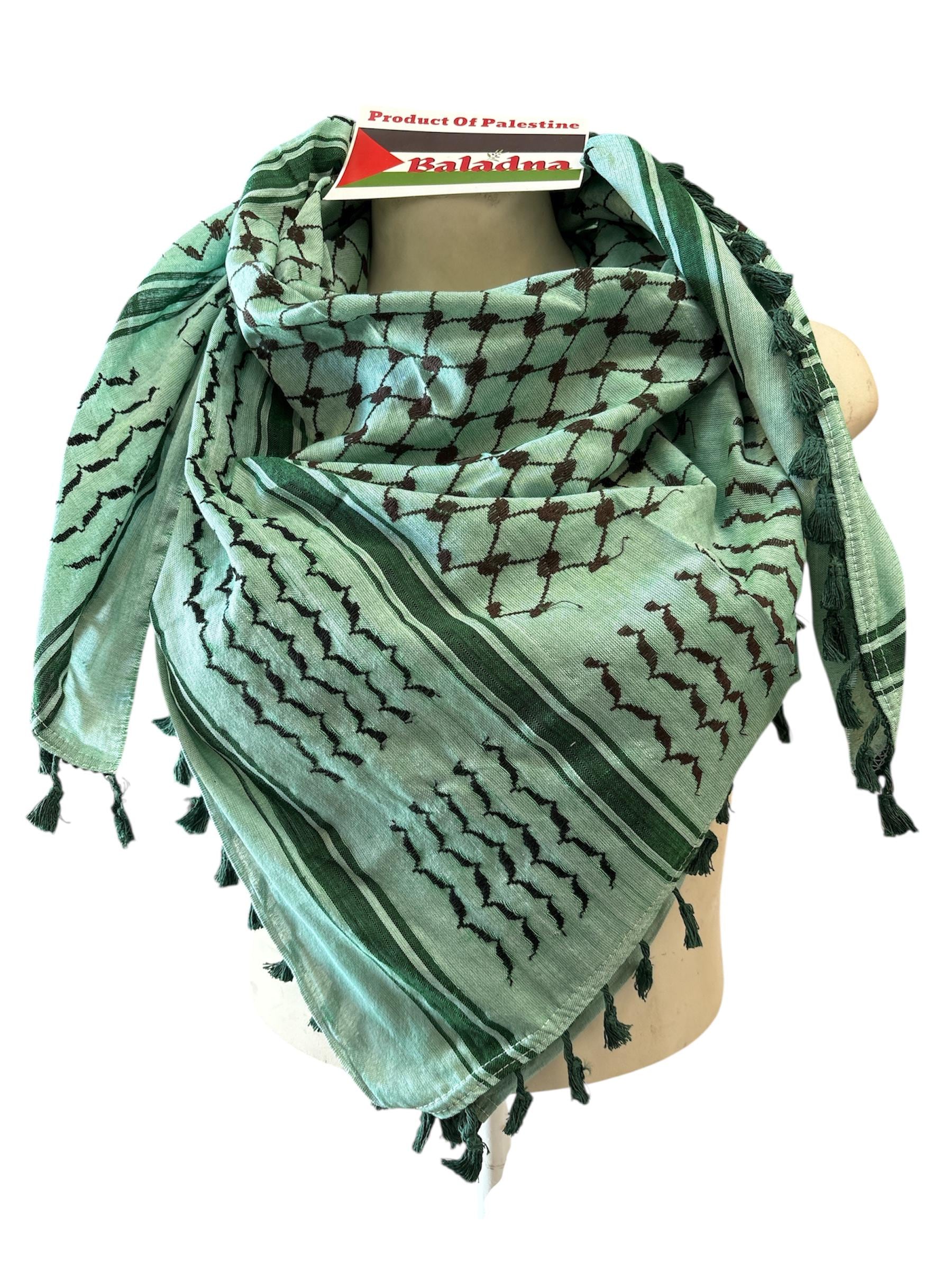 Palestine Made keffiyeh Scarf: Authentic Hebron Woven, black on light green with Green Tassels