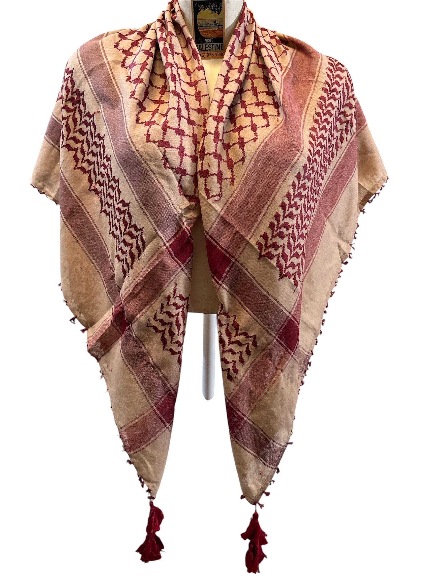Woven keffiyeh Burgundy on Taupe with 4 sides Tassels - 48"x48"