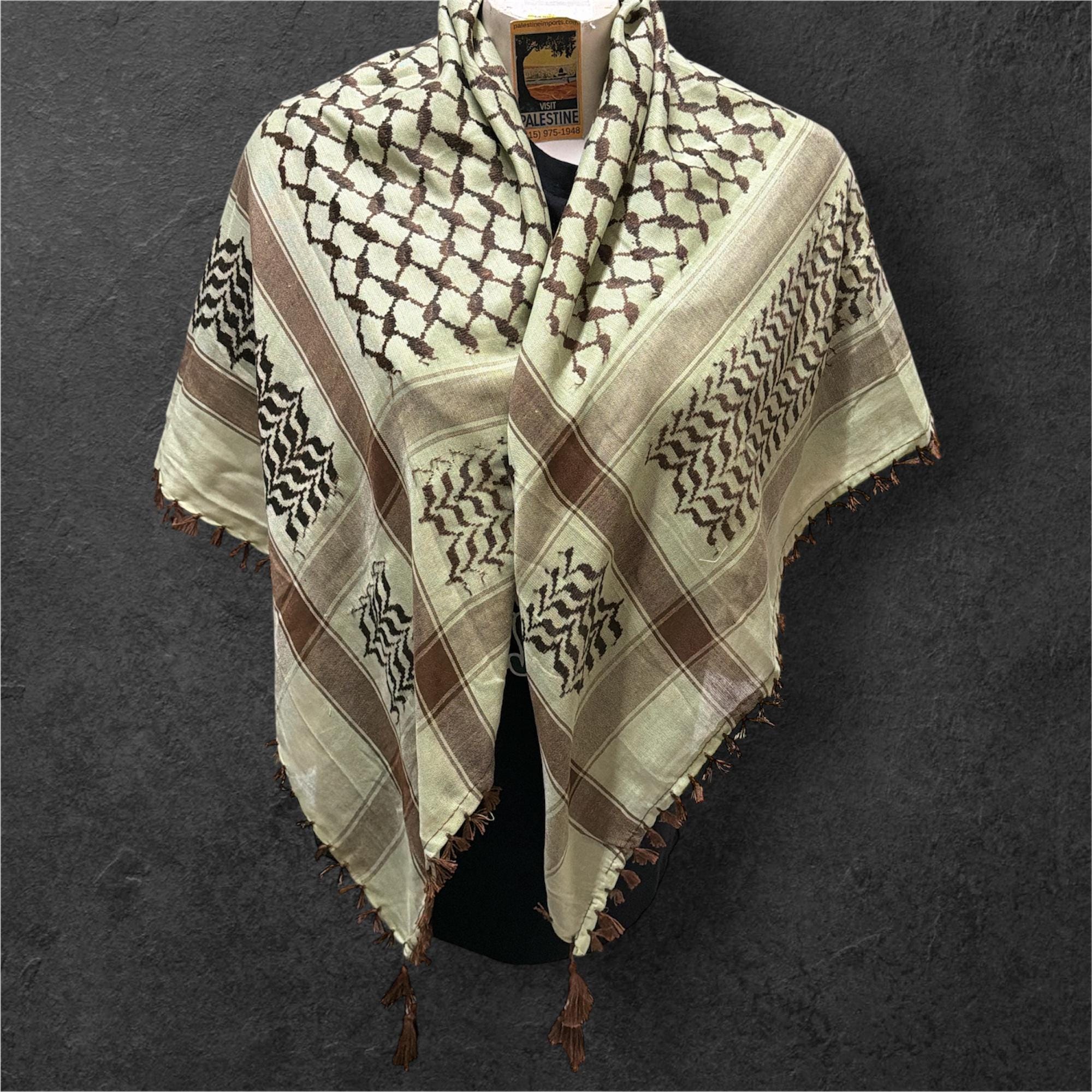 Woven keffiyeh Brown on pastel green Palestinian Scarf with Tassels (48"x48")