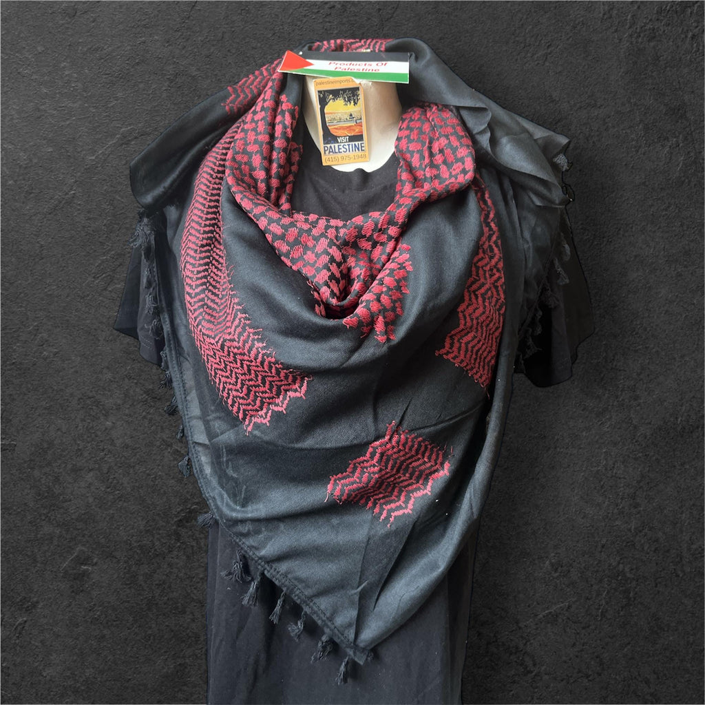 Authentic Palestine Made keffiyeh Scarf: mehroon on black with Woven Tessels