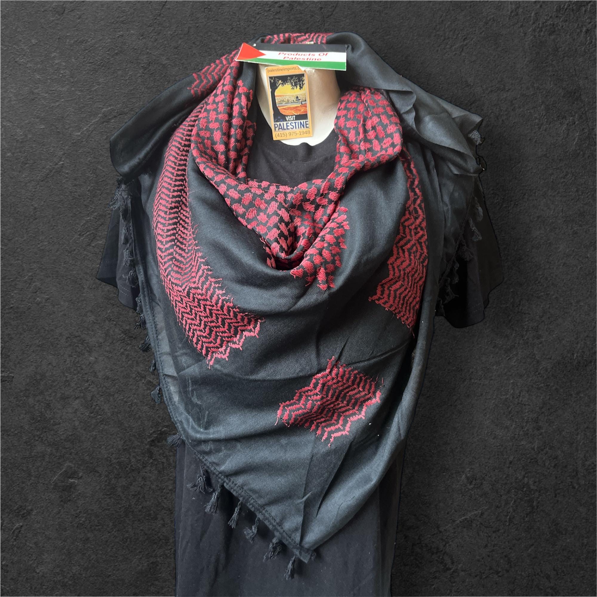 Authentic Palestine Made keffiyeh Scarf: mehroon on black with Woven Tessels