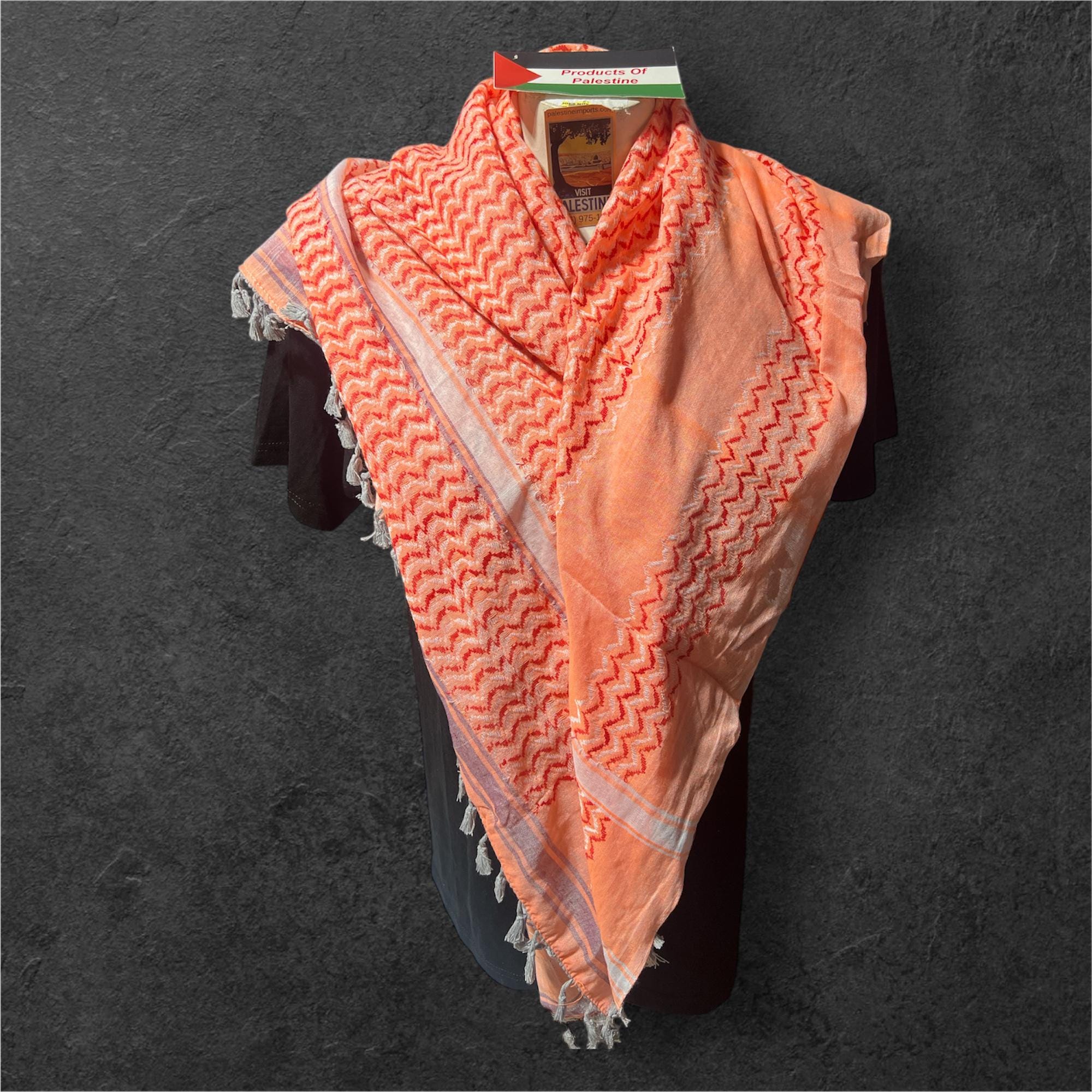 Palestine Made keffiyeh Authentic Scarf: multicolor on light orange with Tessels