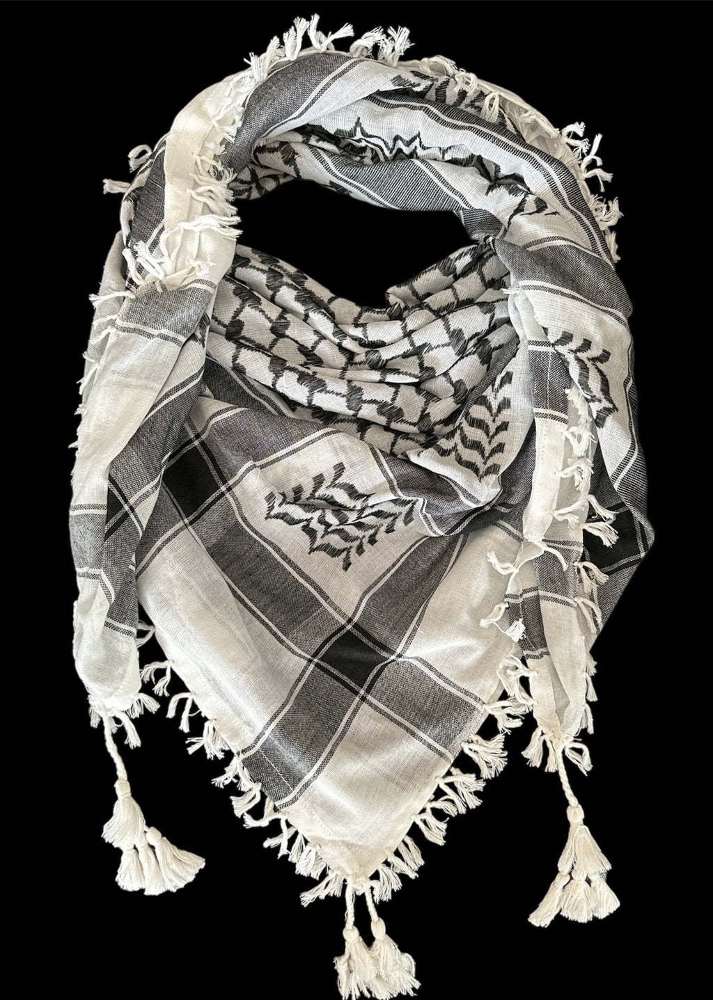 Traditional black on white Authentic keffiyeh with 4 sides Tassels (48"x48")