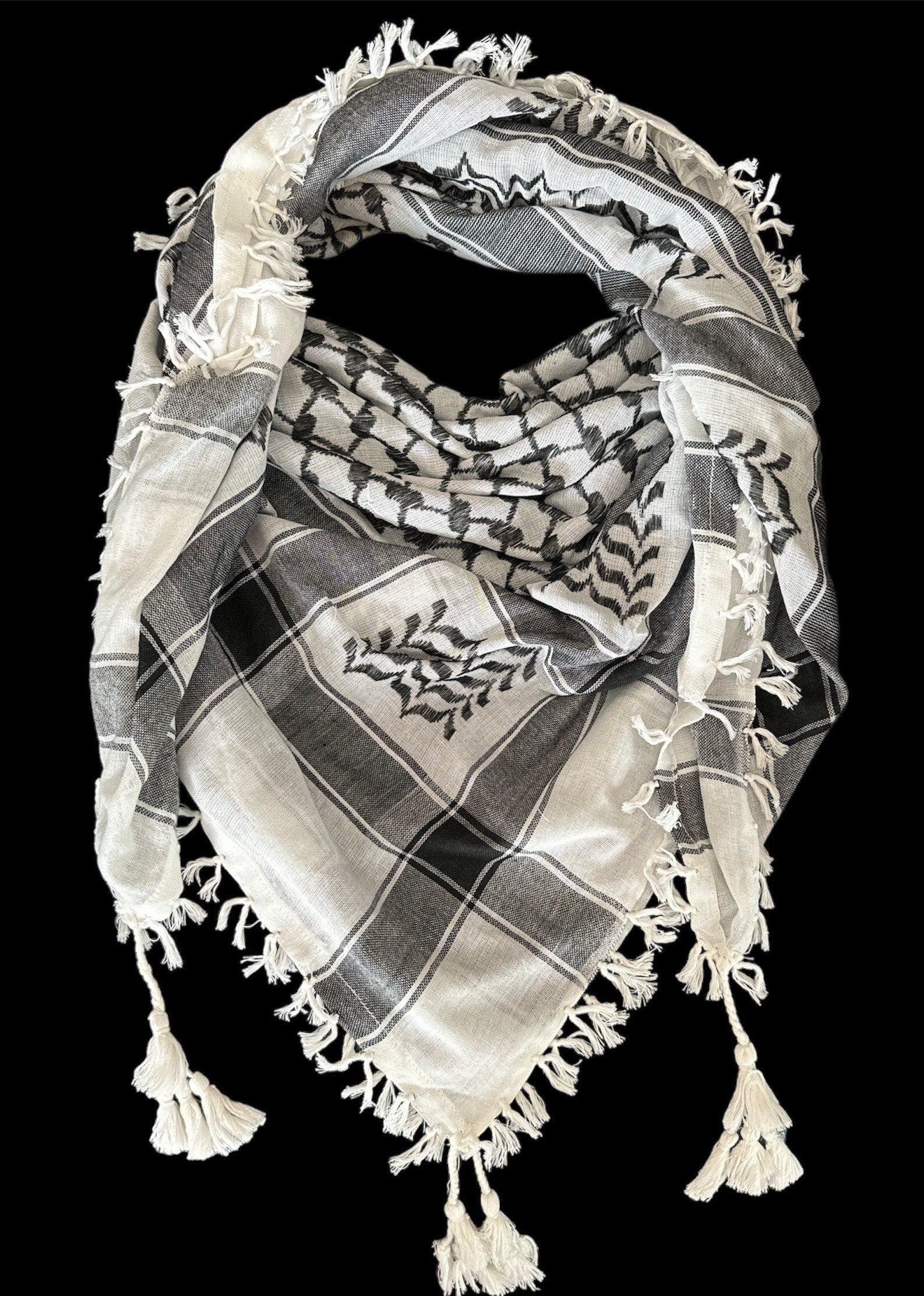 Traditional black on white Authentic keffiyeh with 4 sides Tassels (48"x48")