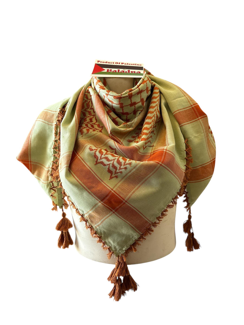 Woven Kufiya Orange on Green with 4 sides Copper Tassels - 48"x48"