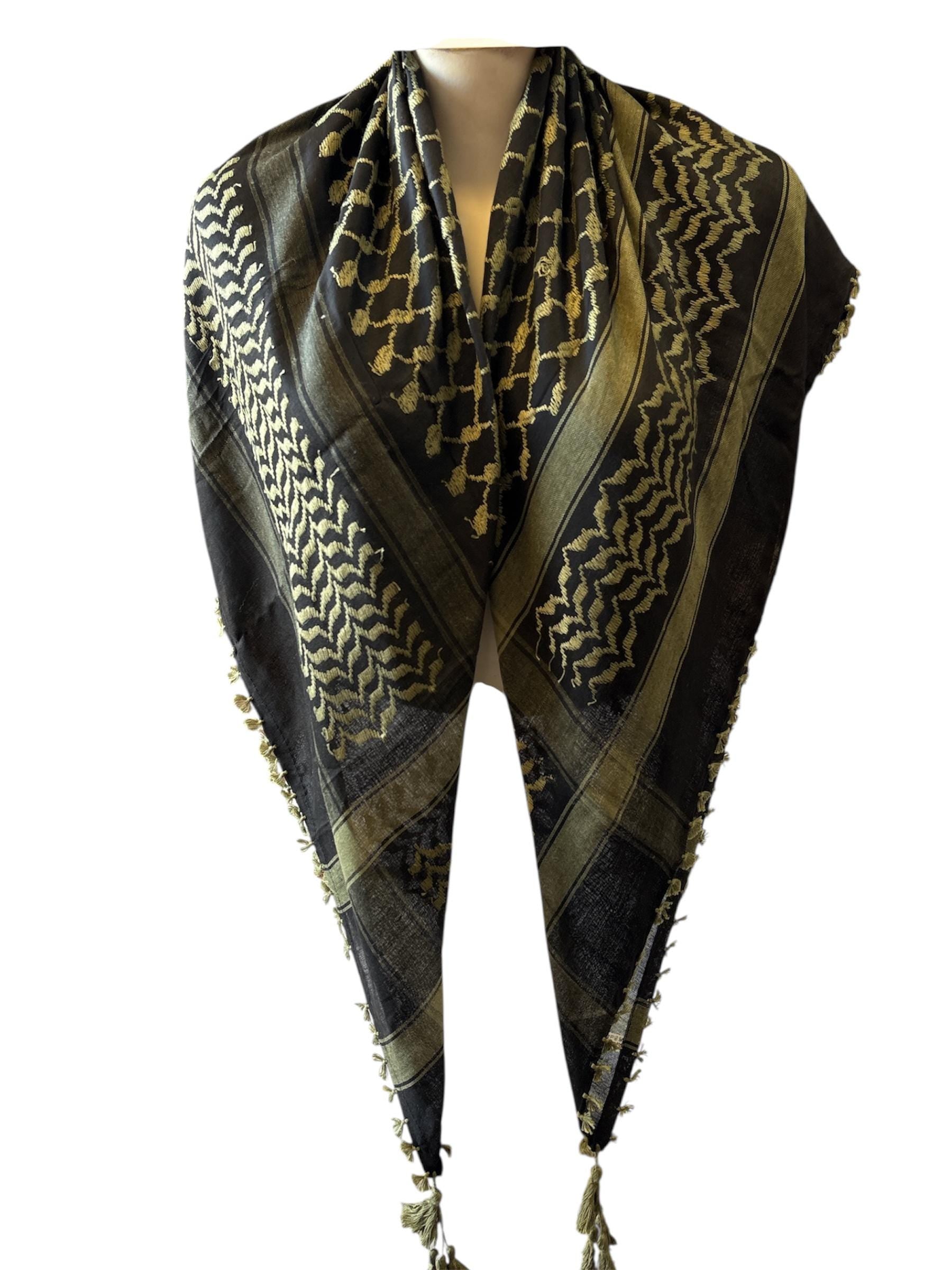 Woven Kufiya Olive Green on Black Scarf 48”x48” with 4 sides Tassels