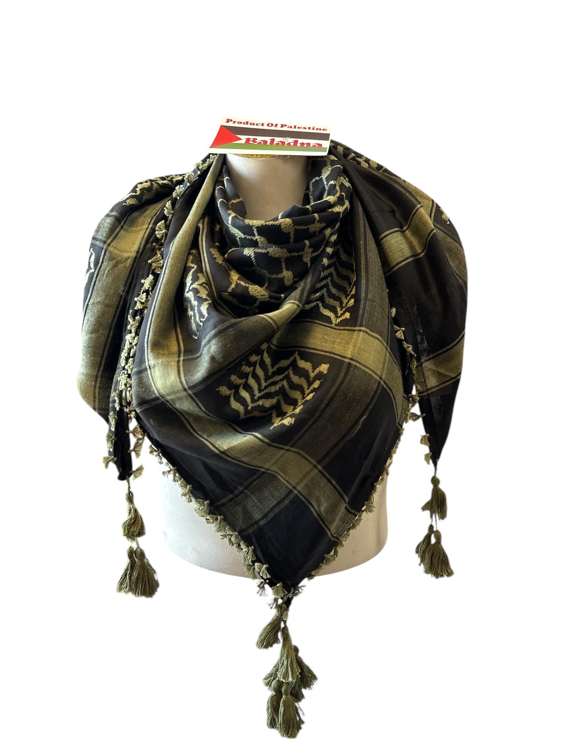 Woven Kufiya Olive Green on Black Scarf 48”x48” with 4 sides Tassels