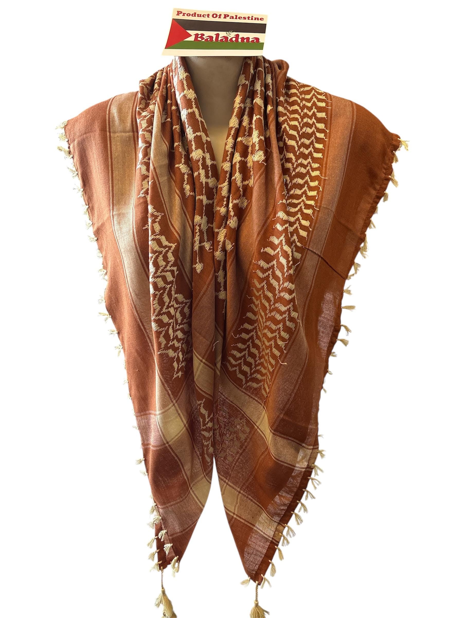 Woven Kufiya Tan on Brown with 4 sides Tassels, 48"x48"