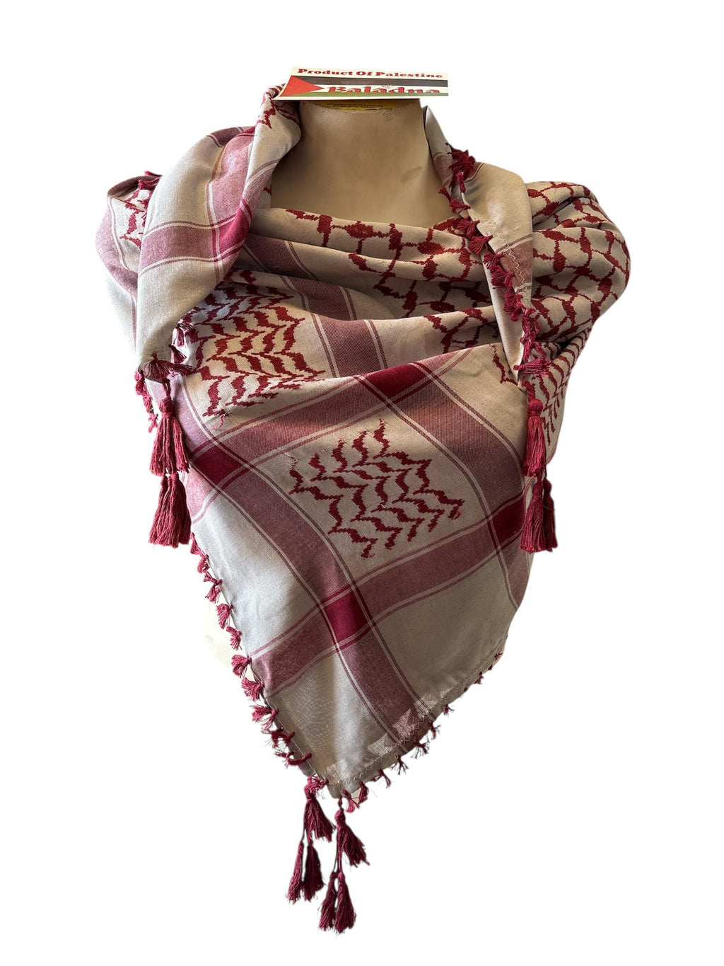 Woven Kuffiyeh Burgundy on grey scarf with 4 sides tassels! standard size 48”x48”