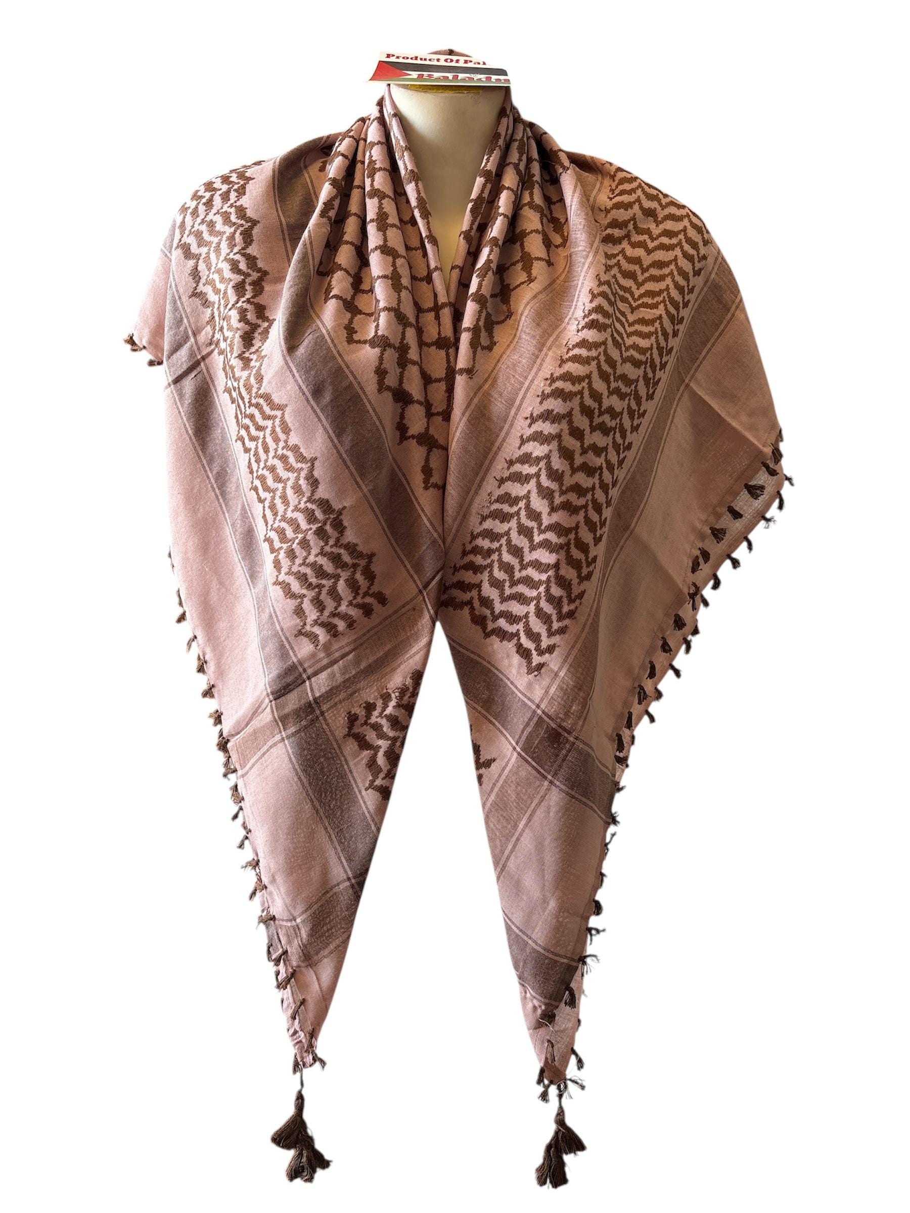 Woven Kufiya brown on peony with 4 sides Tassels - 48"x48"