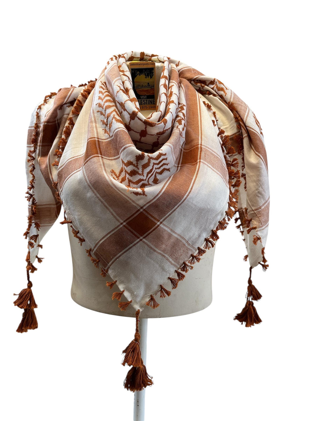 Woven keffiyeh Brown & White with 4 sides Tassels (48"x48")
