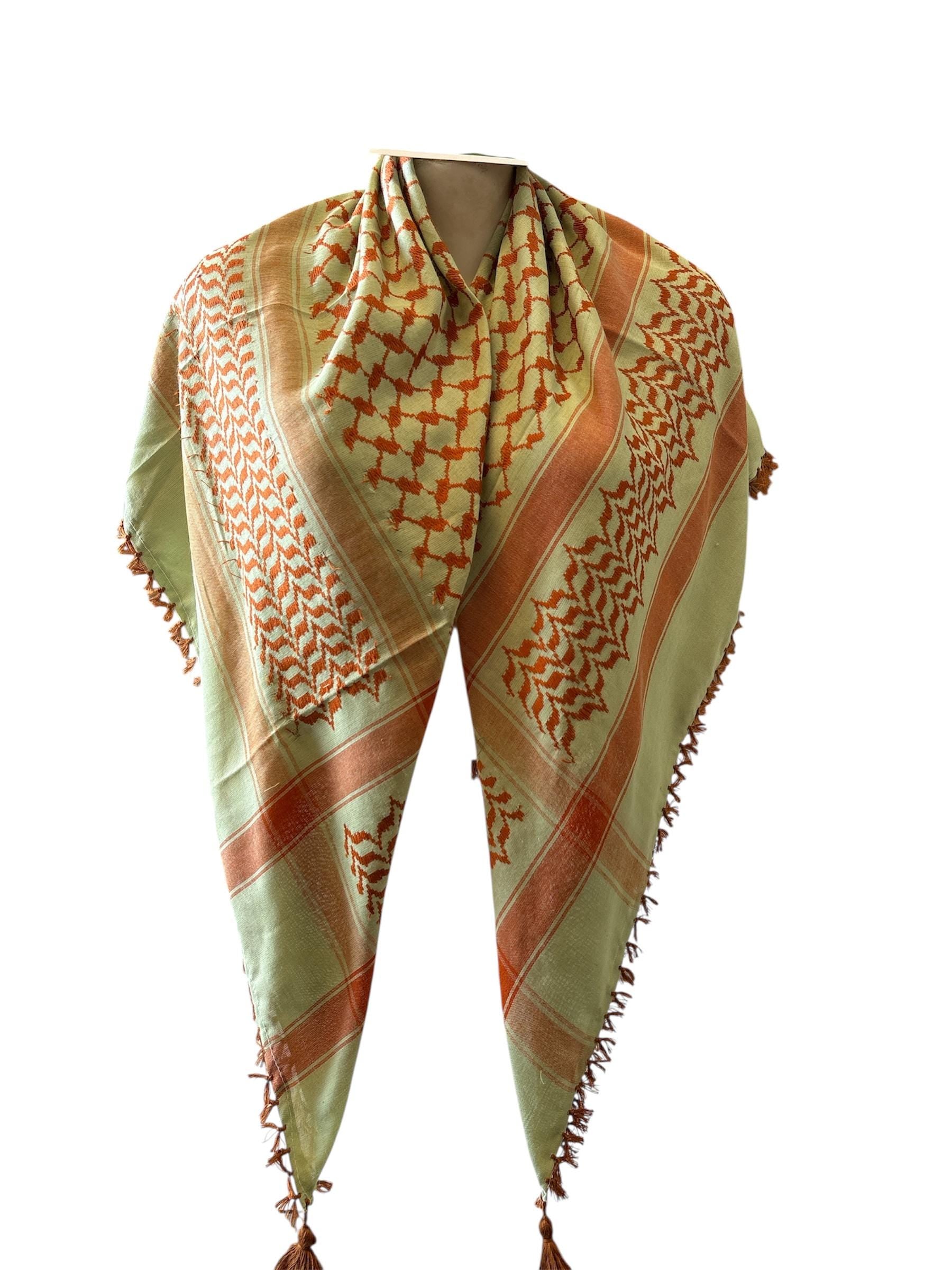 Woven Kufiya Orange on Green with 4 sides Copper Tassels - 48"x48"