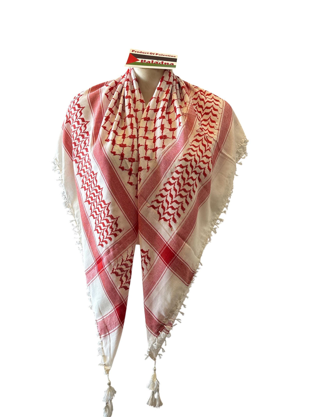 Woven Kufiya Red on White 48”x48” with 4 sides Tassels