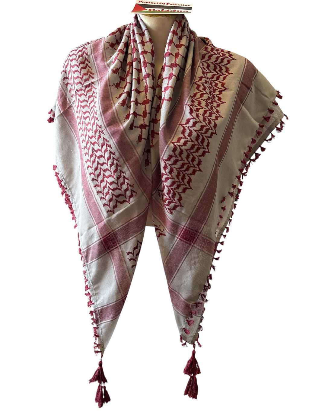 Woven Kuffiyeh Burgundy on grey scarf with 4 sides tassels! standard size 48”x48”