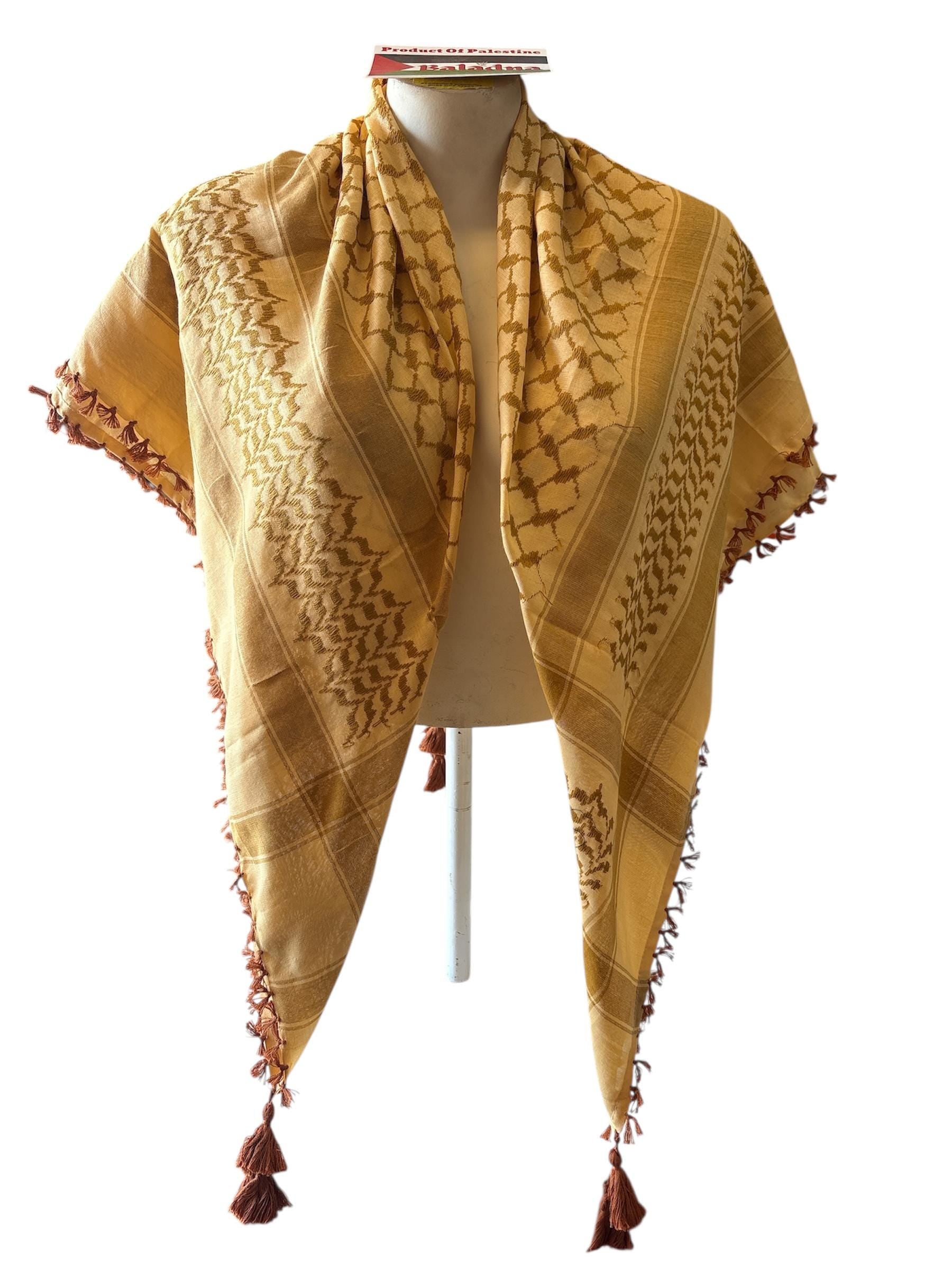 Woven Kufiya Gold on Tan with Brown Tassels - 48"x48"