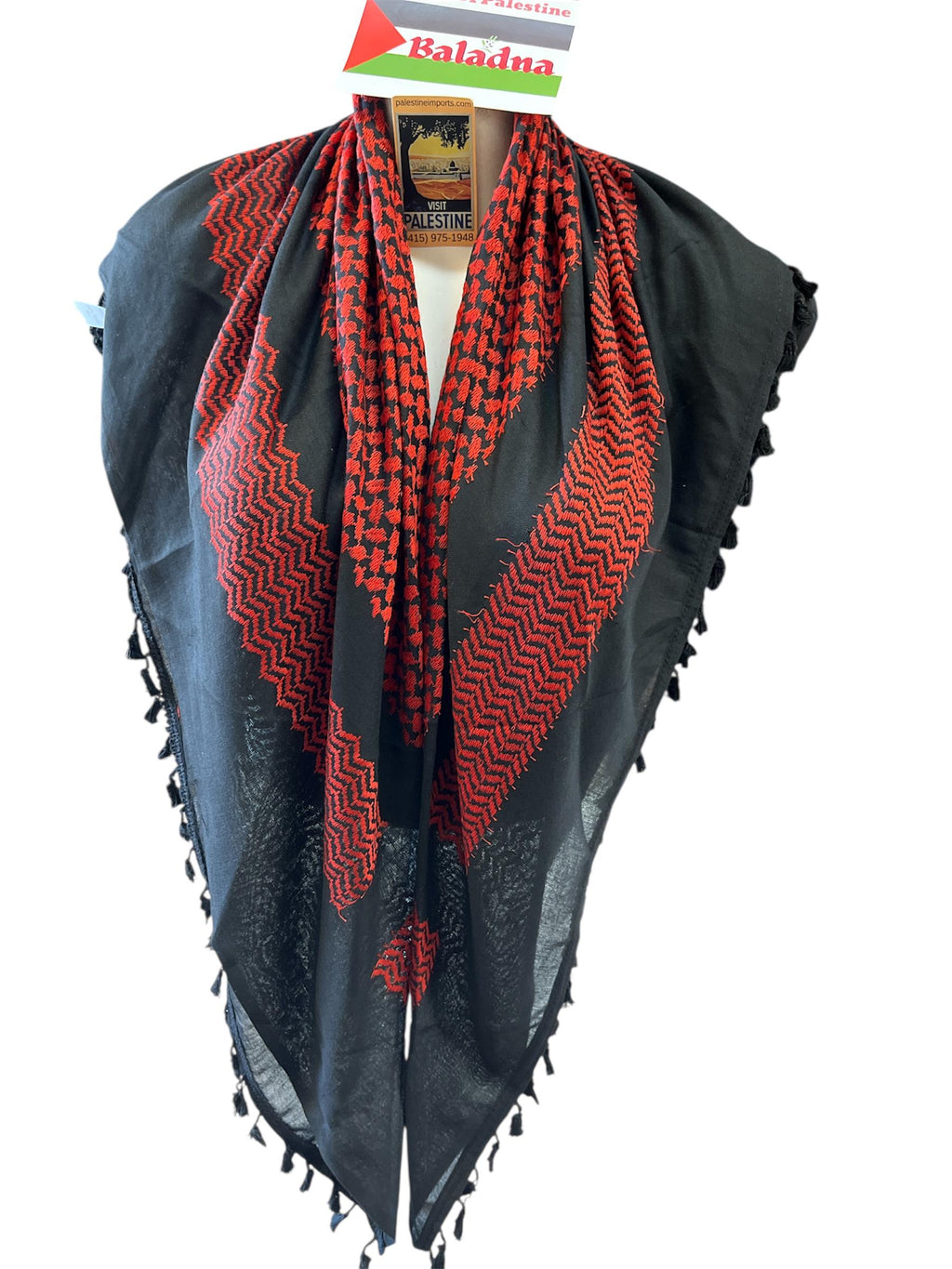 Palestine Made keffiyeh: Authentic Red on Black Woven Scarf