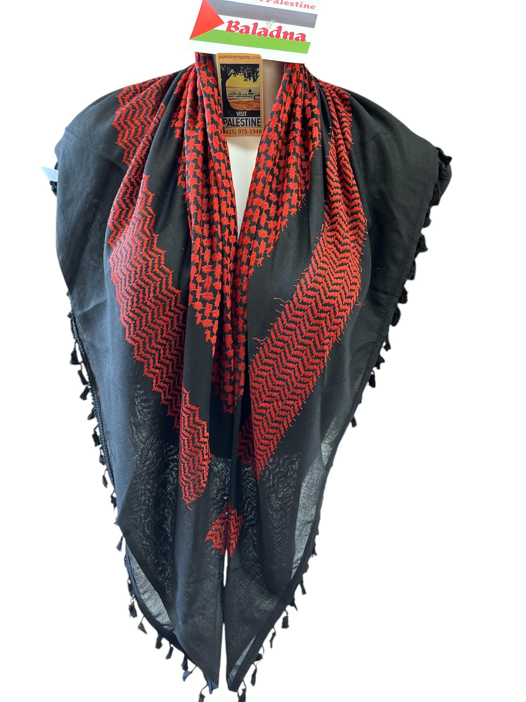 Palestine Made keffiyeh: Authentic Red on Black Woven Scarf