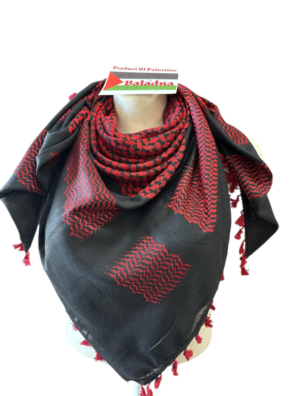 Palestine Made keffiyeh: Authentic Red on Black Woven Scarf