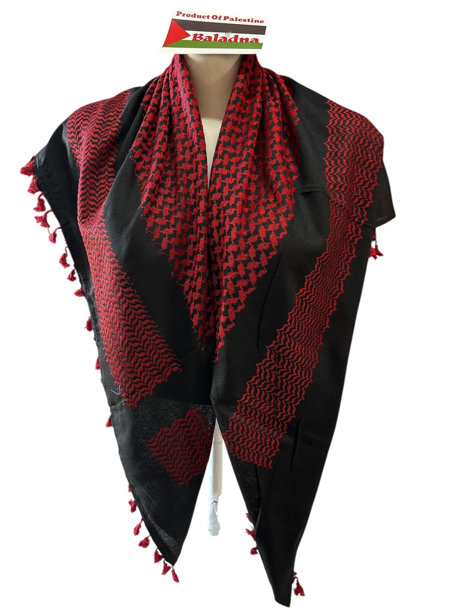 Palestine Made keffiyeh: Authentic Red on Black Woven Scarf