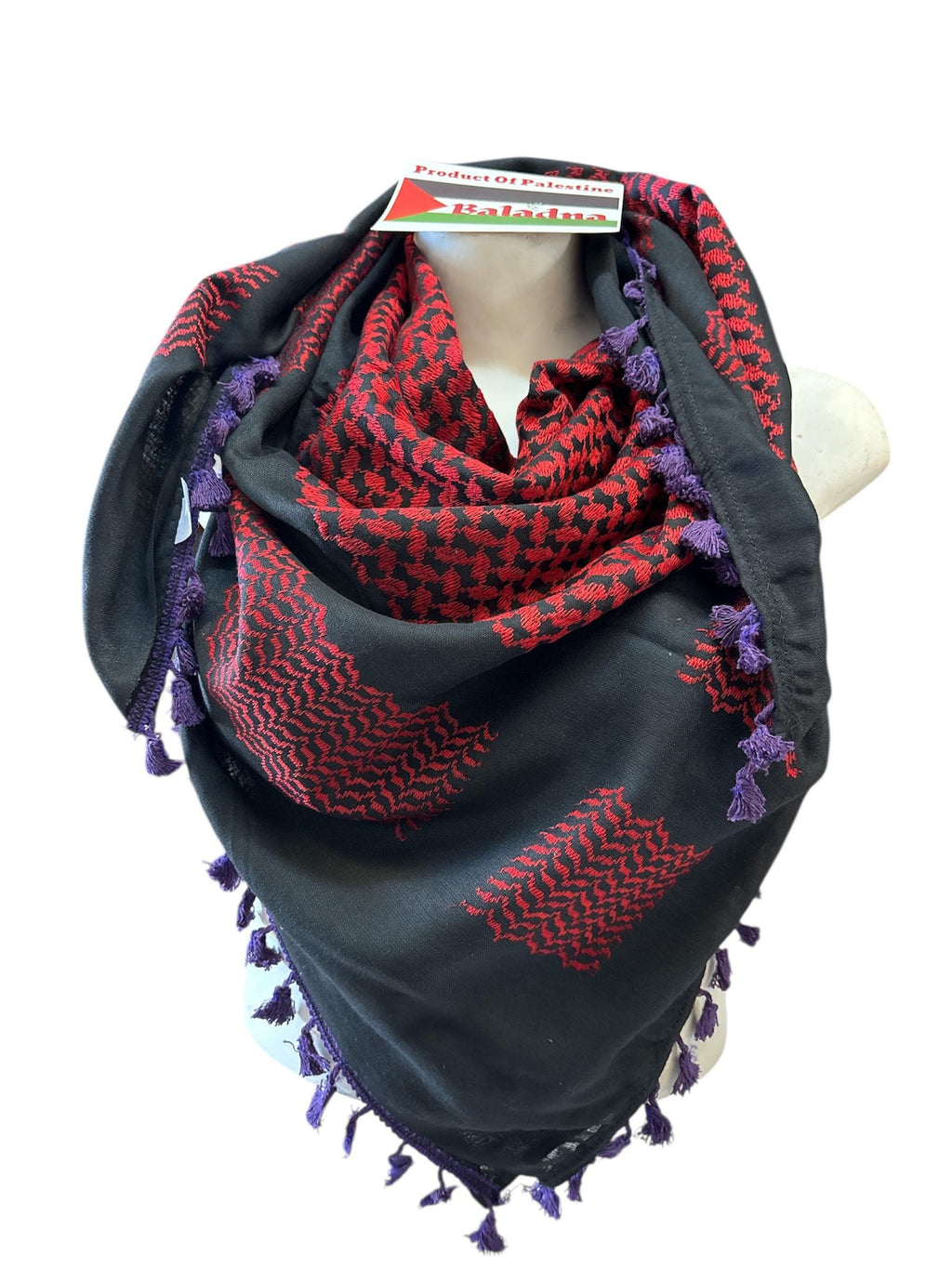 Palestine Made keffiyeh: Authentic Red on Black Woven Scarf