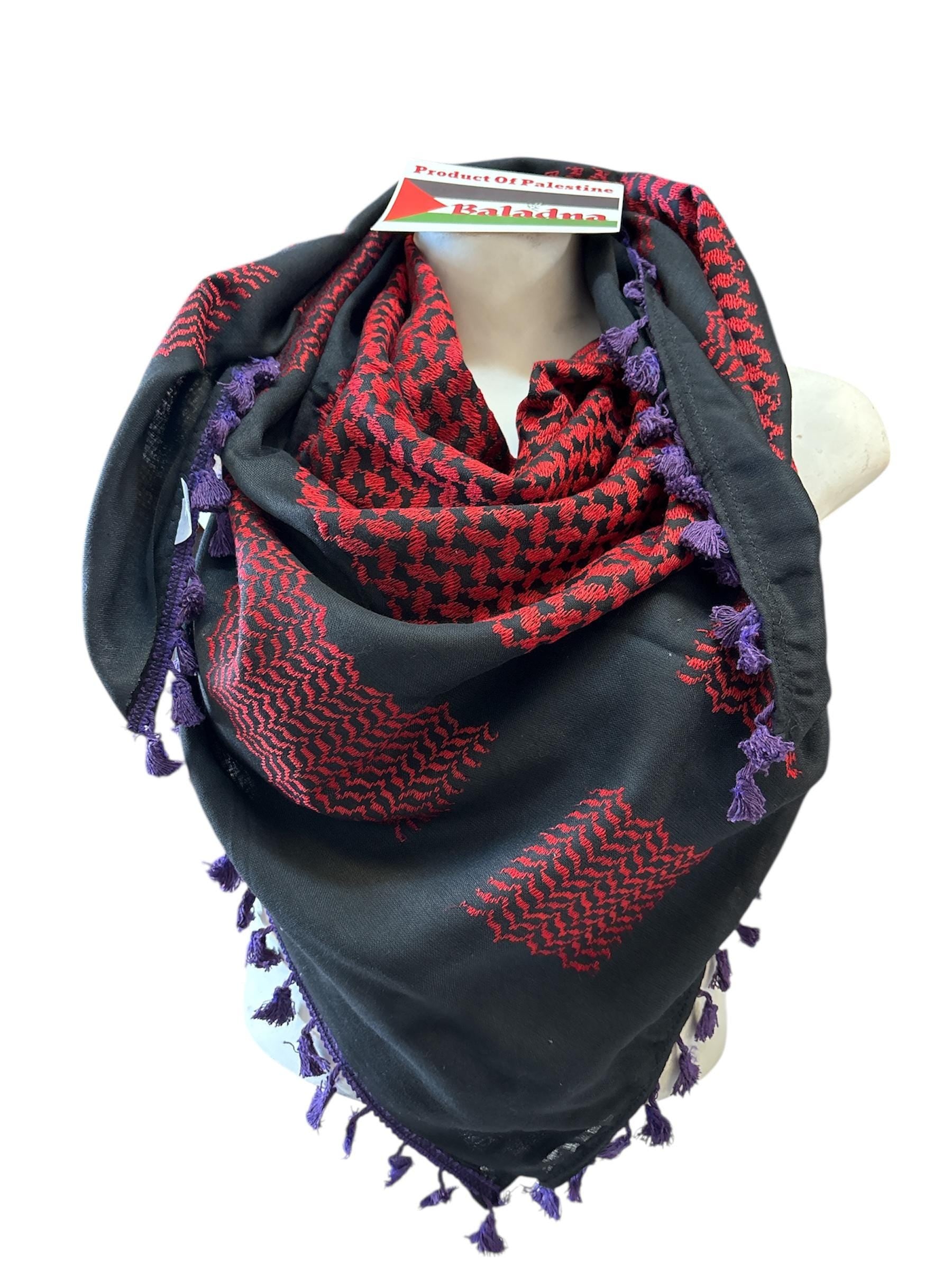 Palestine Made keffiyeh: Authentic Red on Black Woven Scarf