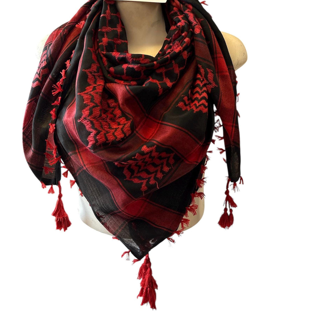 Woven Kufiya Red on Black with 4 sides Tassels (48"x48")