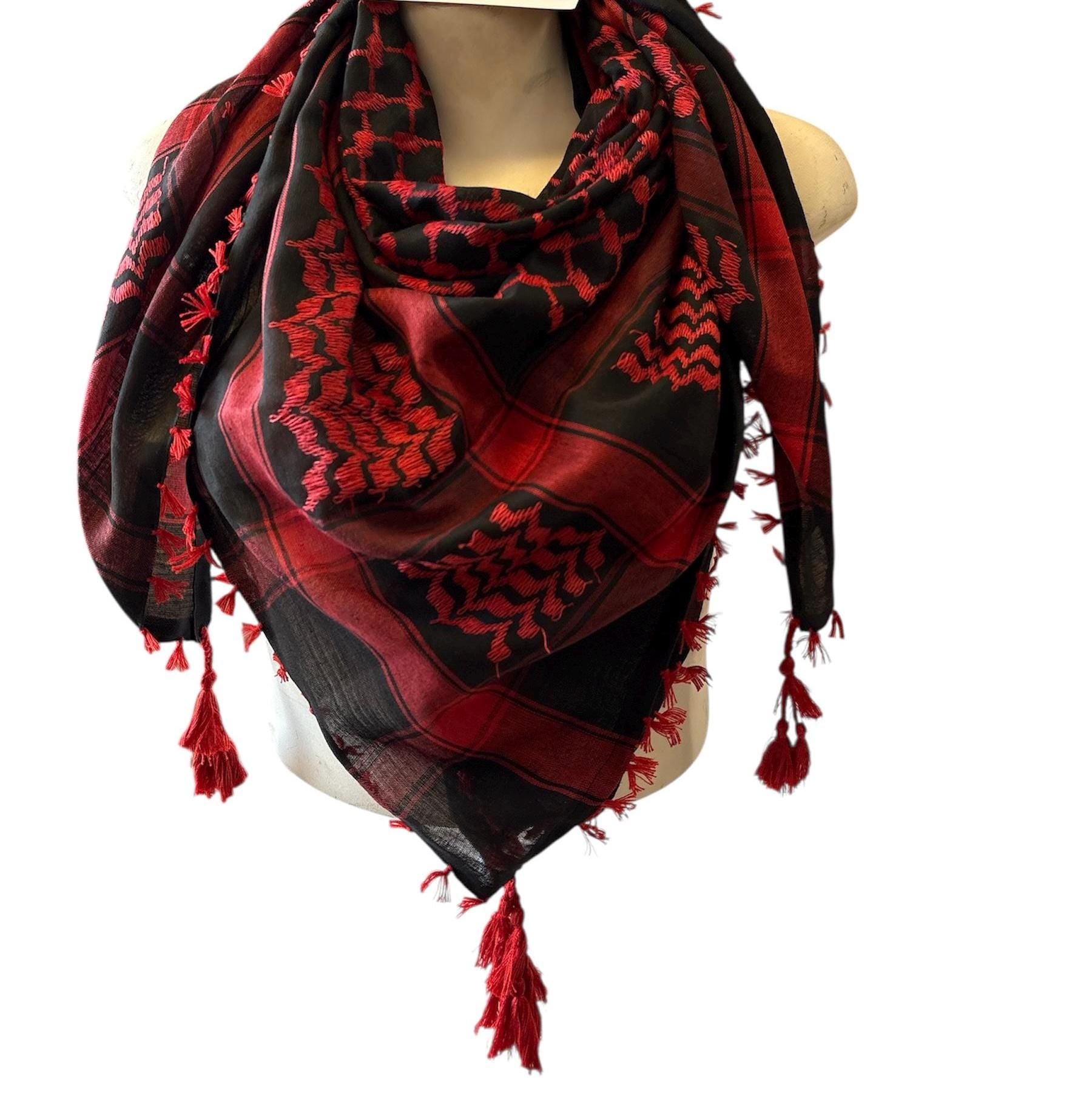 Woven Kufiya Red on Black with 4 sides Tassels (48"x48")