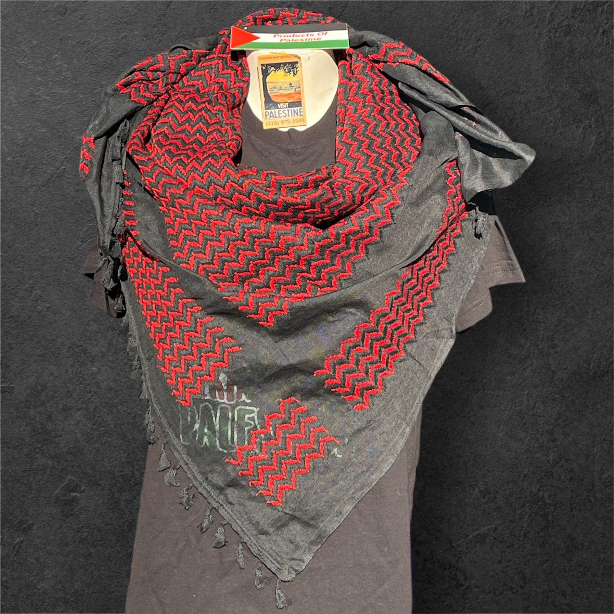 Authentic Palestine Made keffiyeh Scarf: red on black with Woven Tessels
