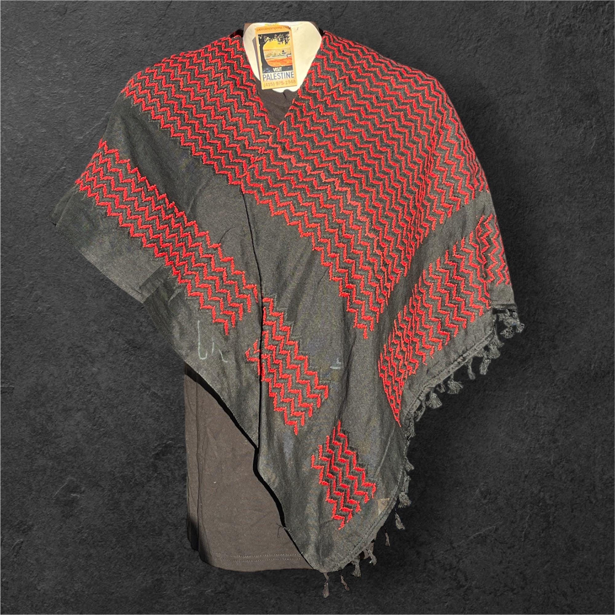 Authentic Palestine Made keffiyeh Scarf: red on black with Woven Tessels