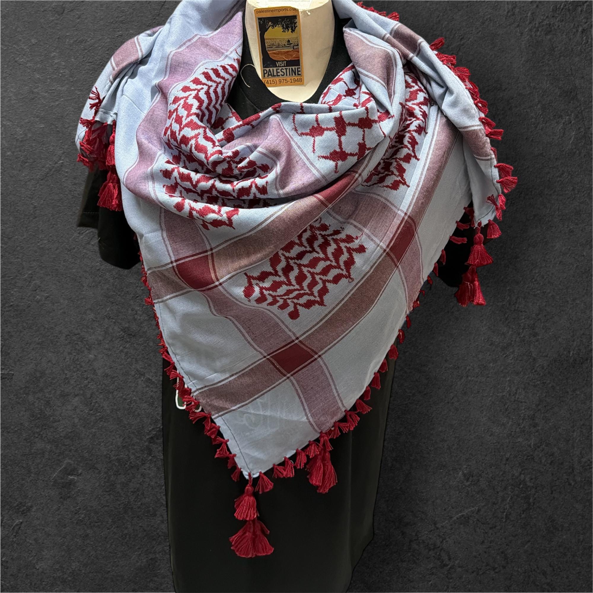 Woven keffiyeh Burgundy on blue with 4 sides Tassels (48"x48")