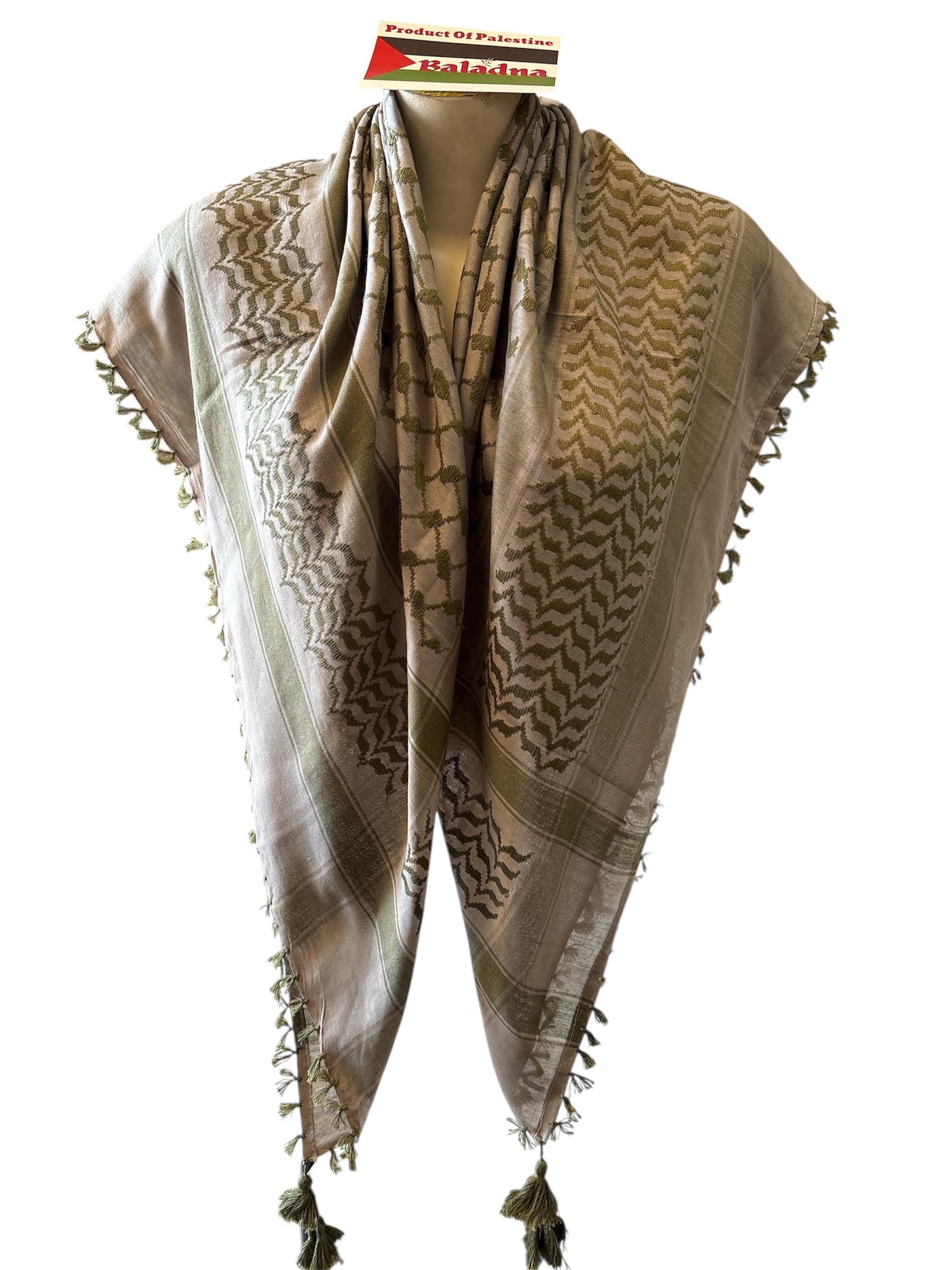 Woven Kufiya Olive Green on light Tan  with 4 sides Tassels 48”x48”