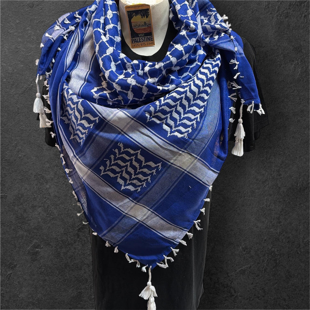 Woven Kufiya white on blue 48”x48” with 4 sides white Tassels