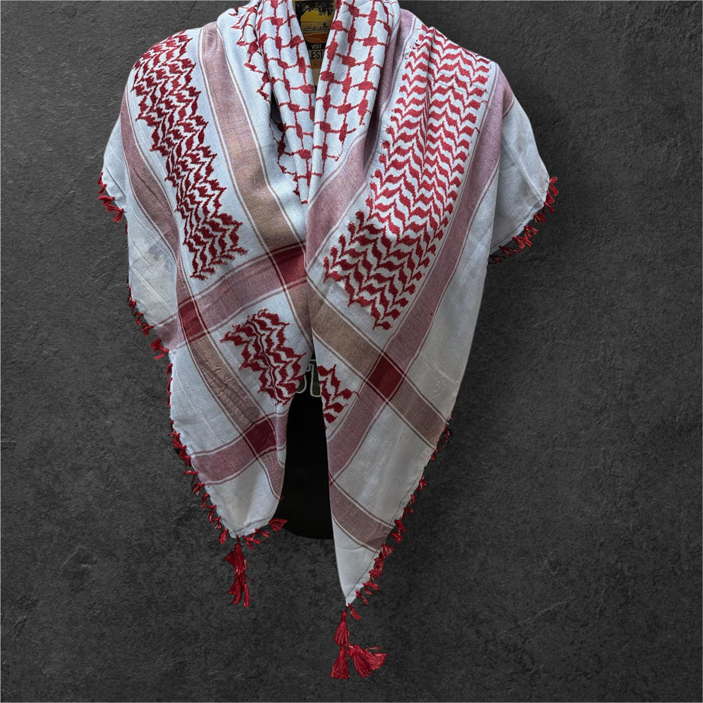 Woven keffiyeh Burgundy on blue with 4 sides Tassels (48"x48")