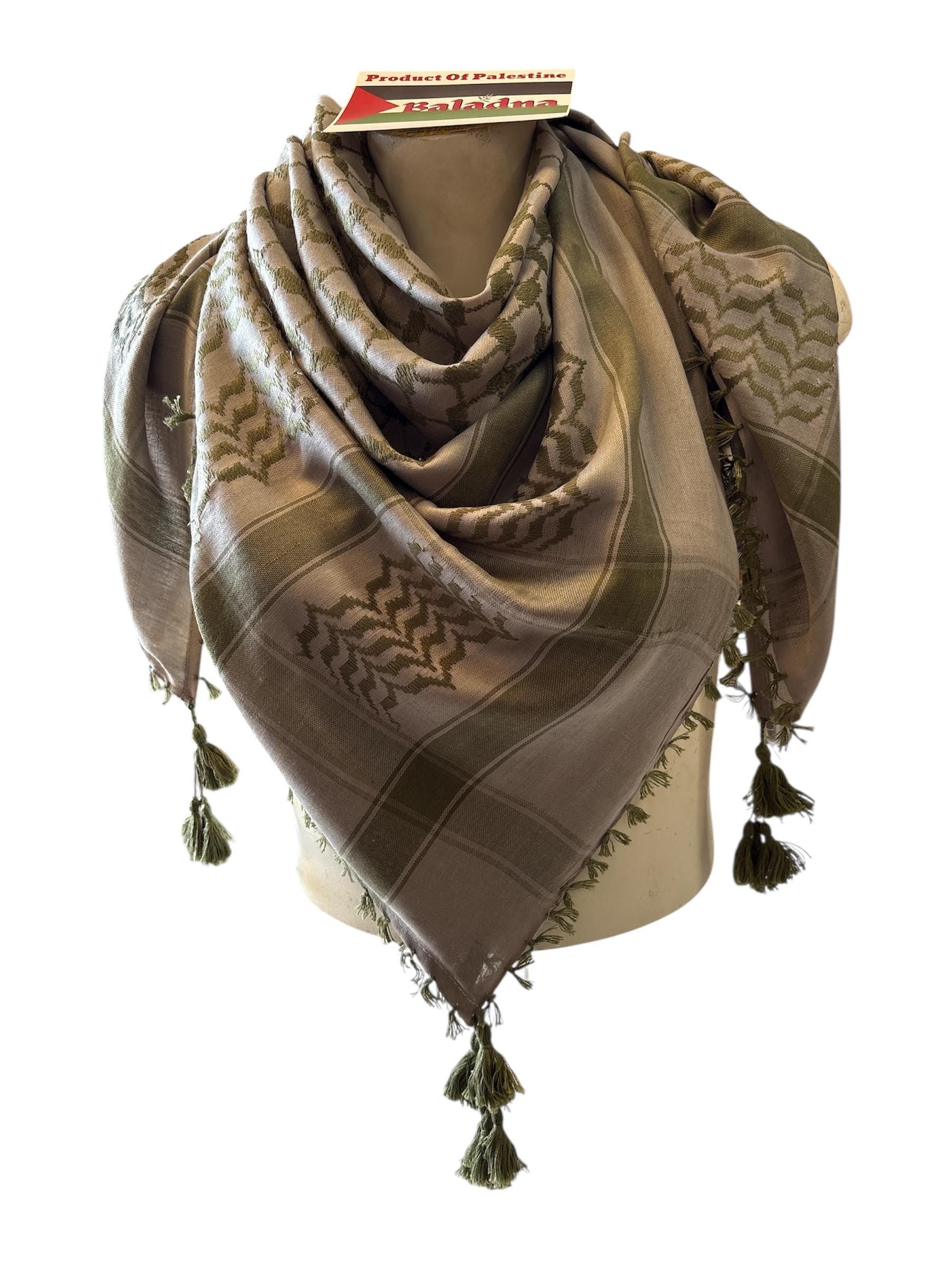 Woven Kufiya Olive Green on light Tan  with 4 sides Tassels 48”x48”