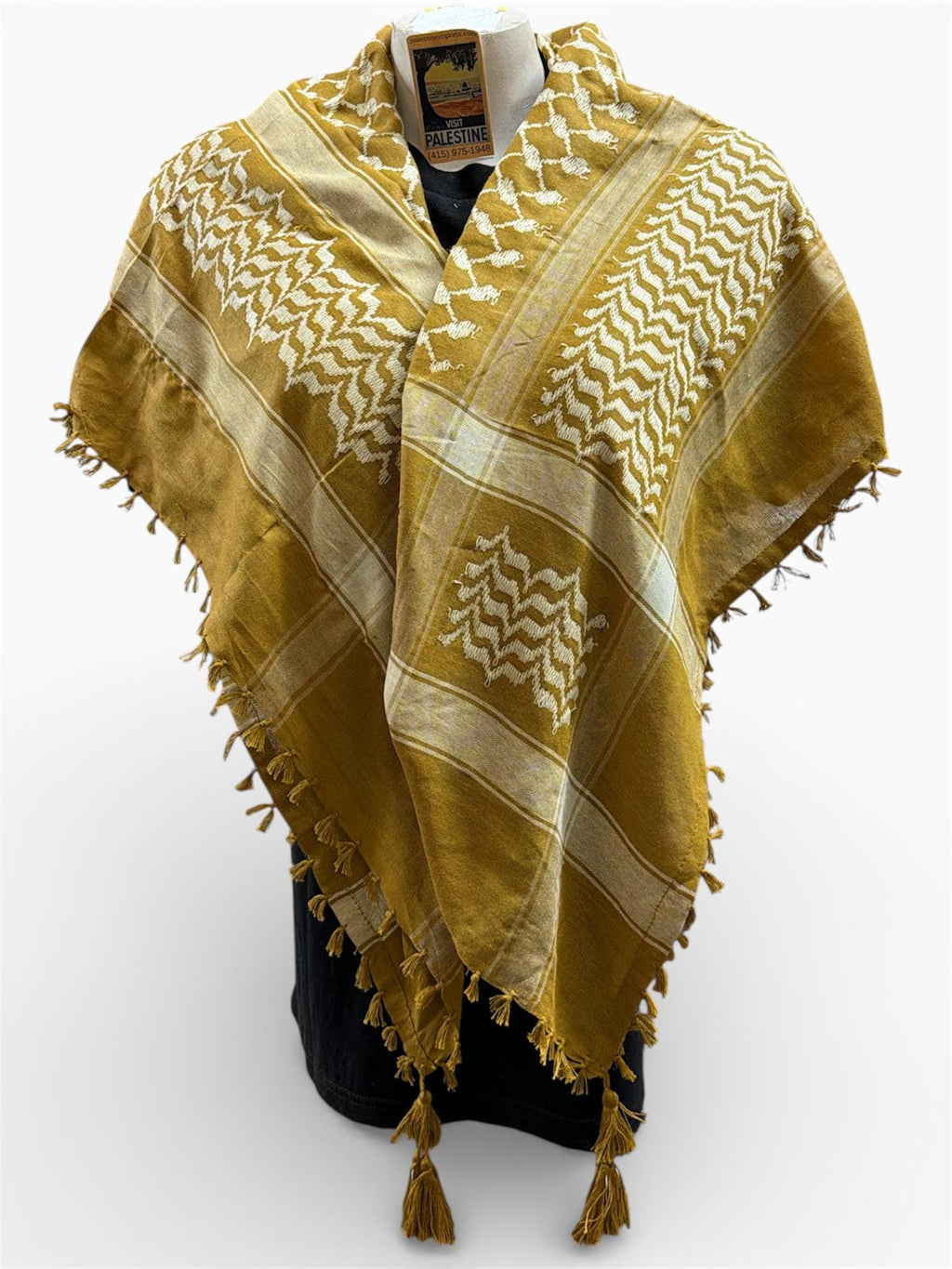 Woven keffiyeh cream on gold with 4 sides Tassels - 48"x48"