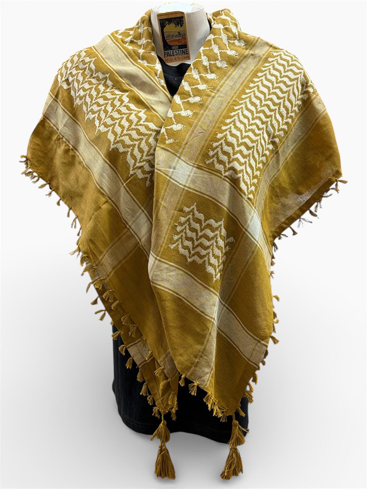 Woven keffiyeh cream on gold with 4 sides Tassels - 48"x48"
