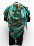 Woven keffiyeh cream on sea green with 4 sides Tassels - 48"x48"