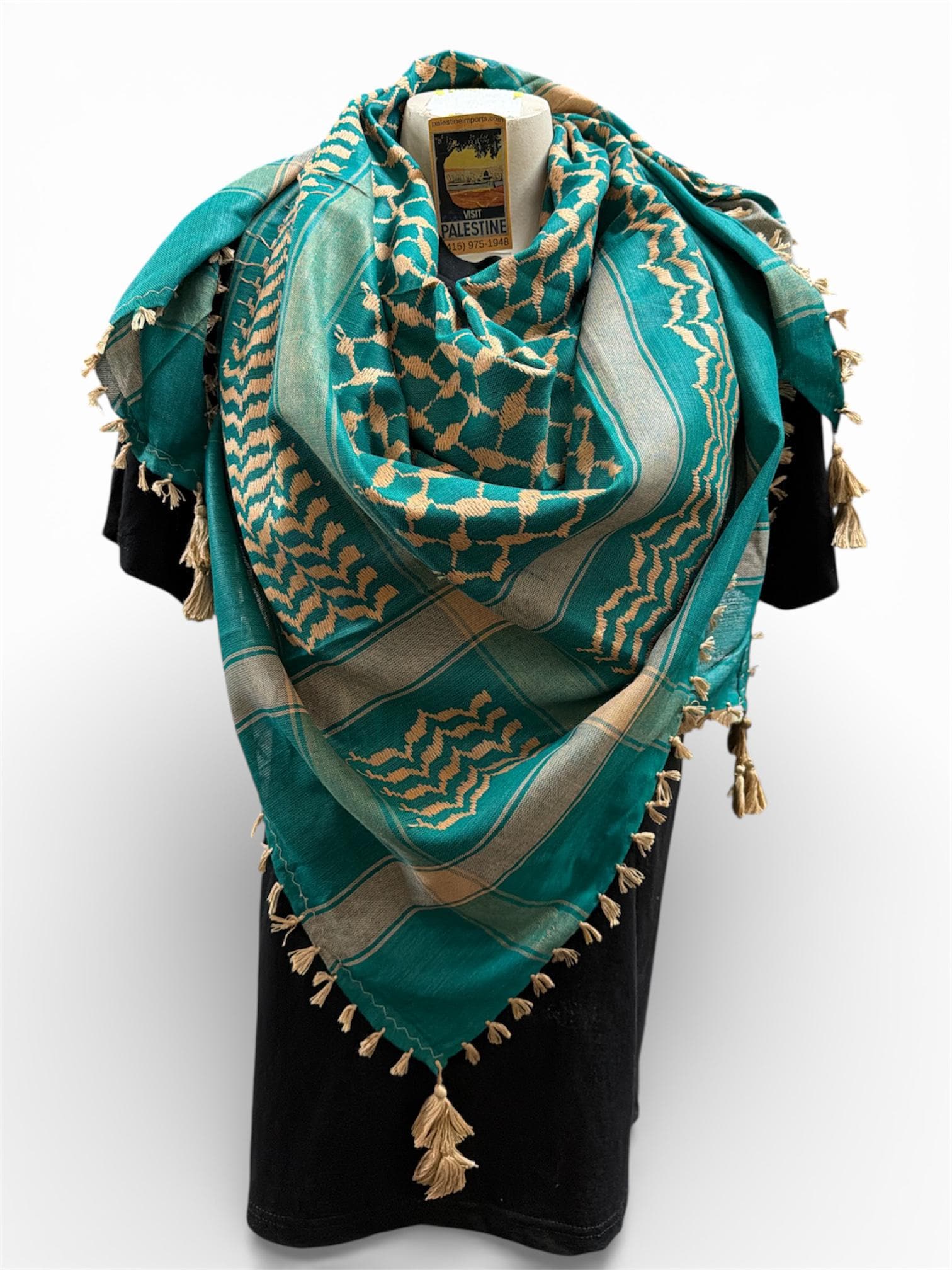 Woven keffiyeh cream on sea green with 4 sides Tassels - 48"x48"