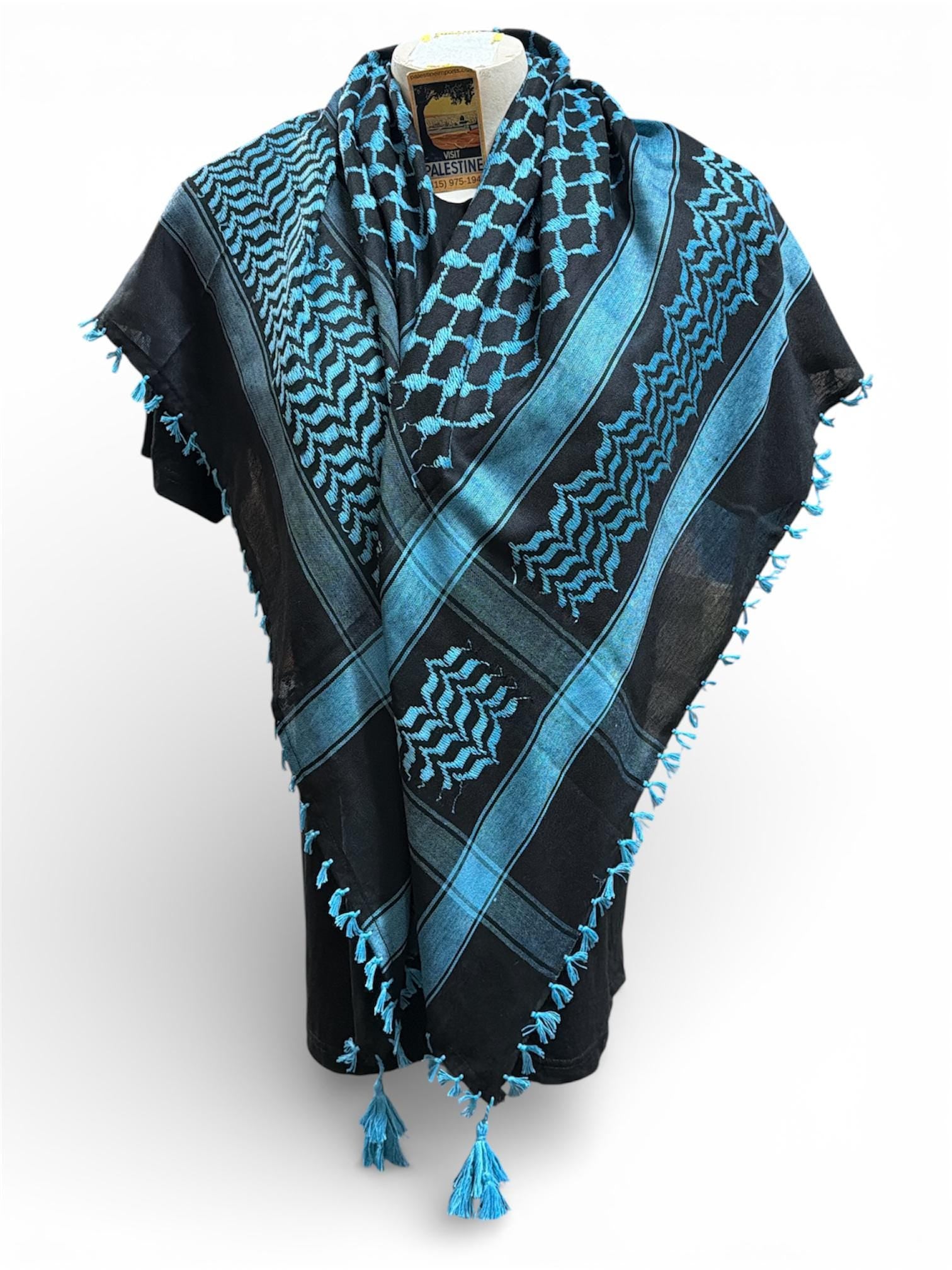 Woven keffiyeh blue on black with 4 sides Tassels - 48"x48"