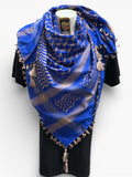 Woven keffiyeh light brown on Royal blue with 4 sides Tassels - 48"x48"